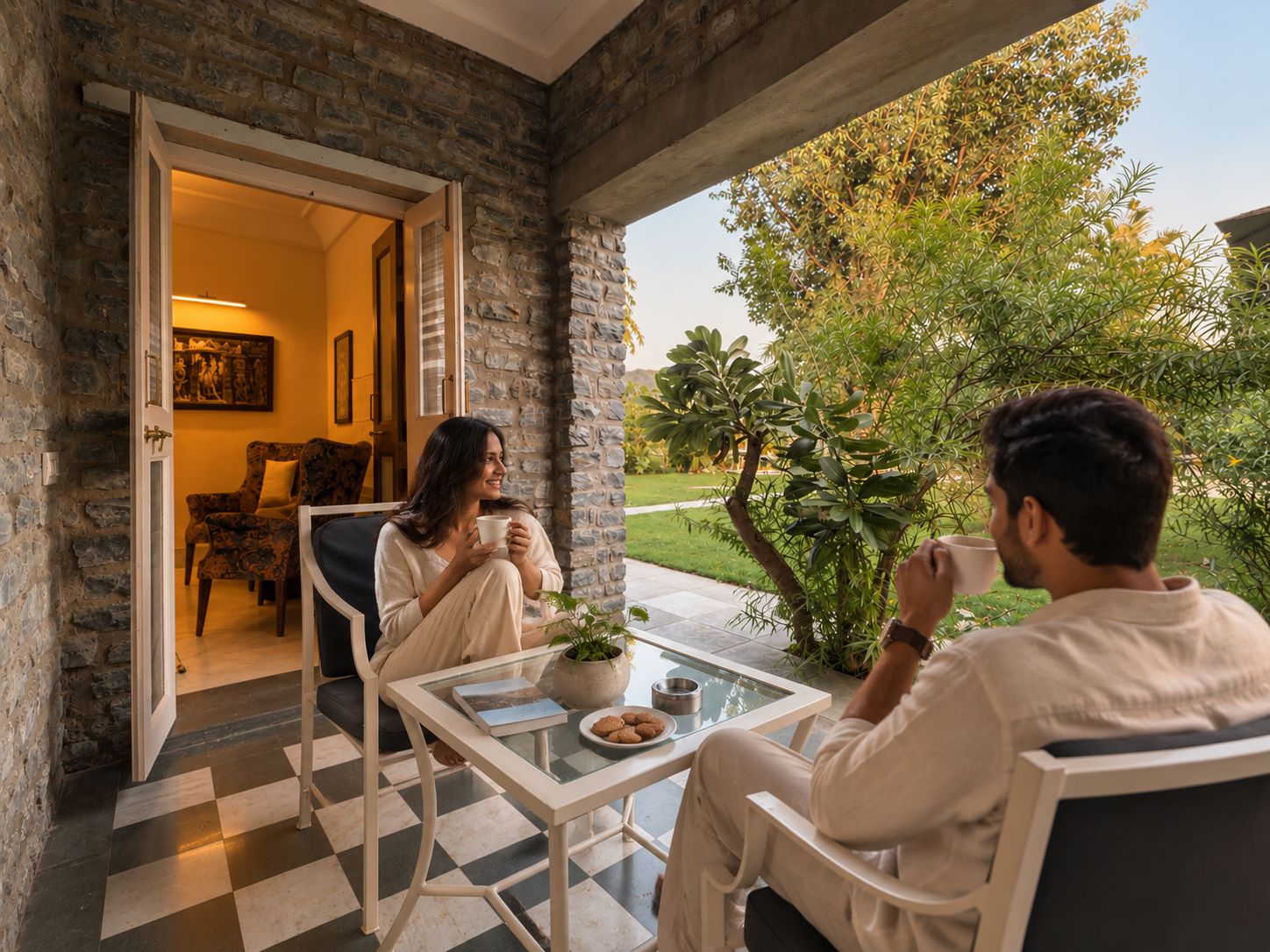 A stone-walled room with a checkered floor, a glass table, and a view of a garden.