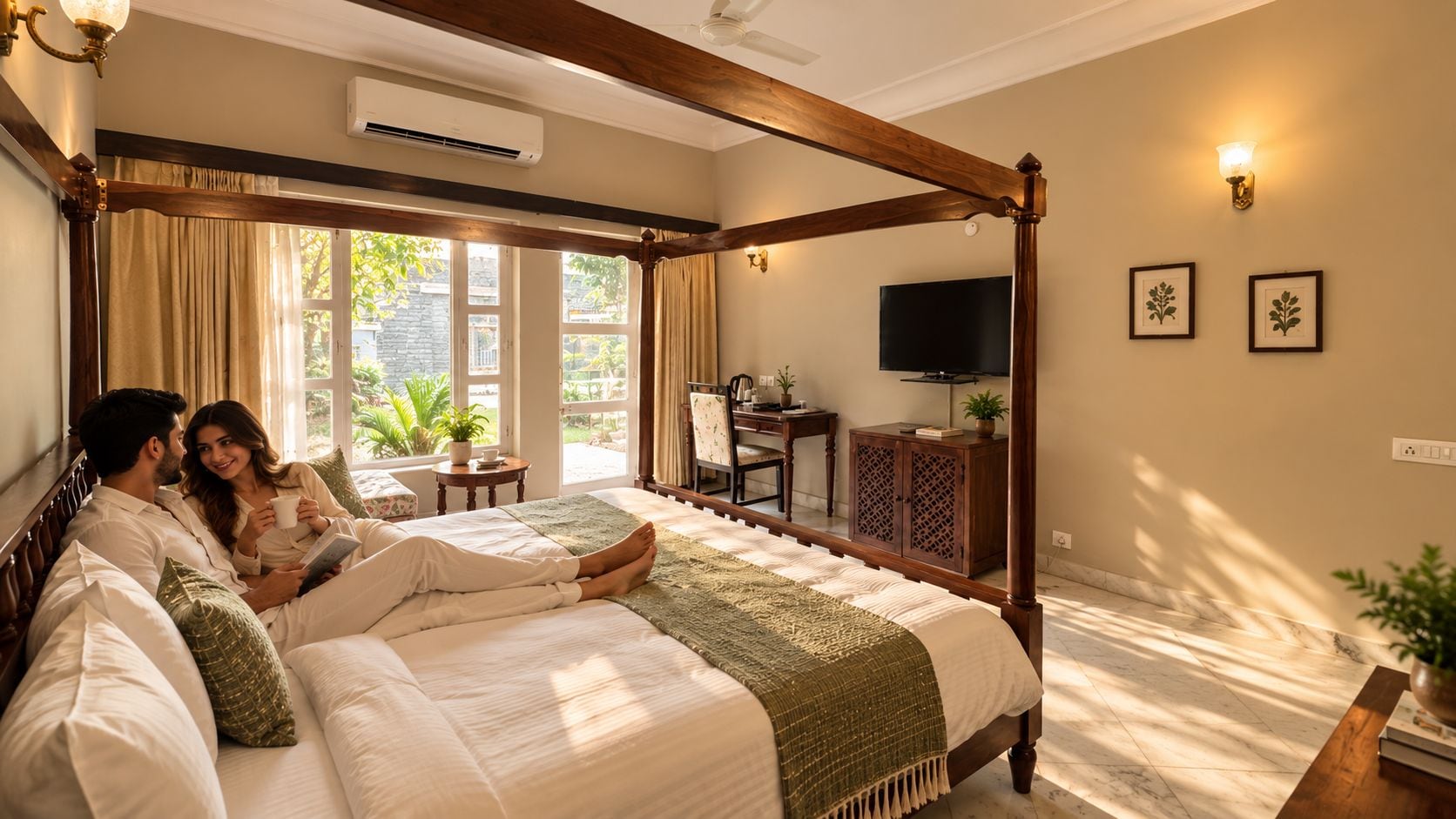 A bedroom with a four-poster bed, a television, a desk with a chair, and a window with curtains.