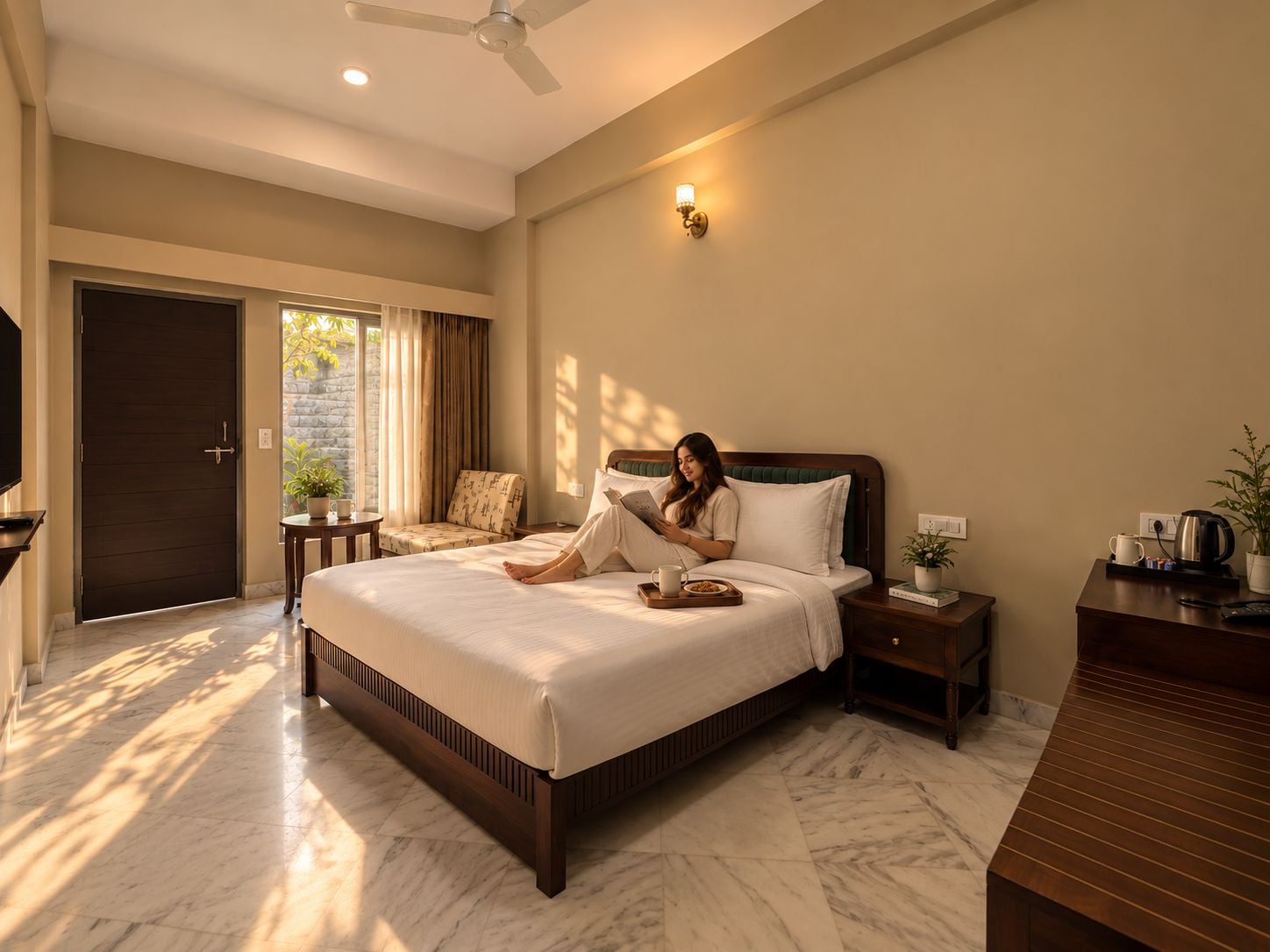 A hotel room with a large bed, a desk, a chair, a TV, and a door.