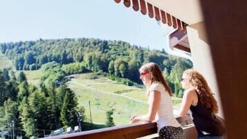 Deux personnes se tiennent près de la balustrade d’un balcon, d’où elles dominent une vallée boisée.