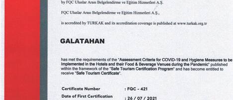 A safe tourism certificate for a hotel.