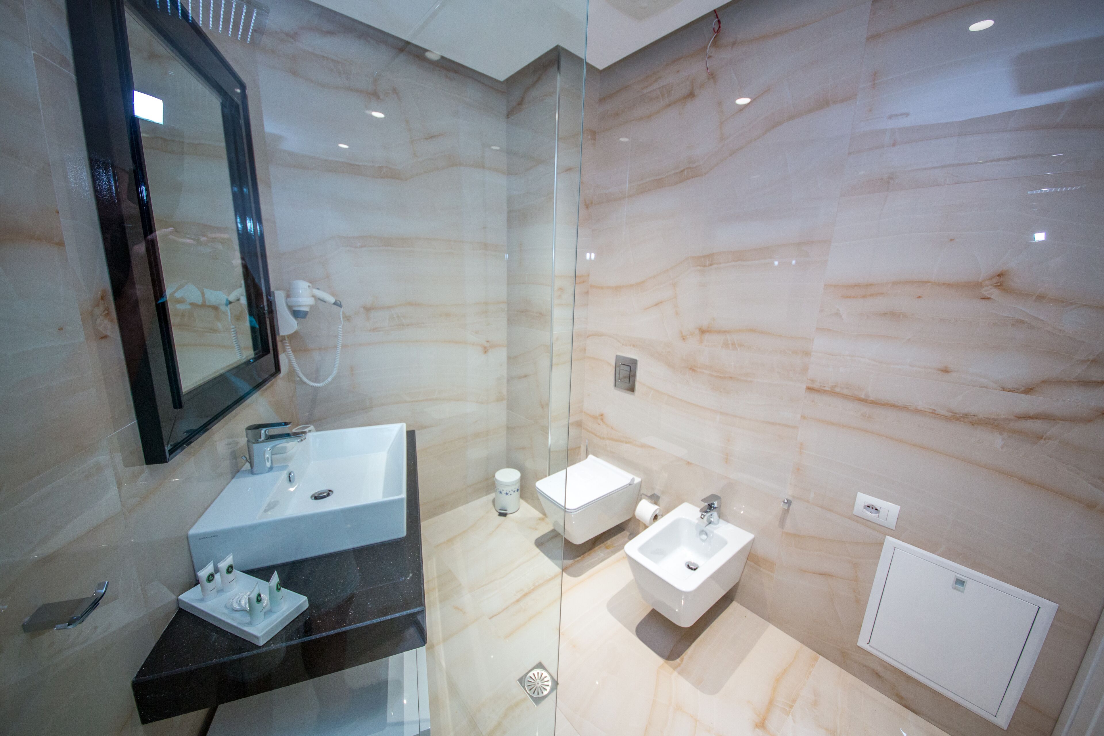 Une salle de bain moderne avec une douche à parois de verre, un meuble-lavabo et un bidet.