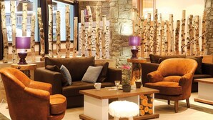 A lobby with a stone wall, birch tree decor, leather furniture, and a coffee table with a vase and candle. - 300m from resort center, fitness, swimming pool, sauna, hammam, terrace, balcony, tv, ski locker (Les Gets)