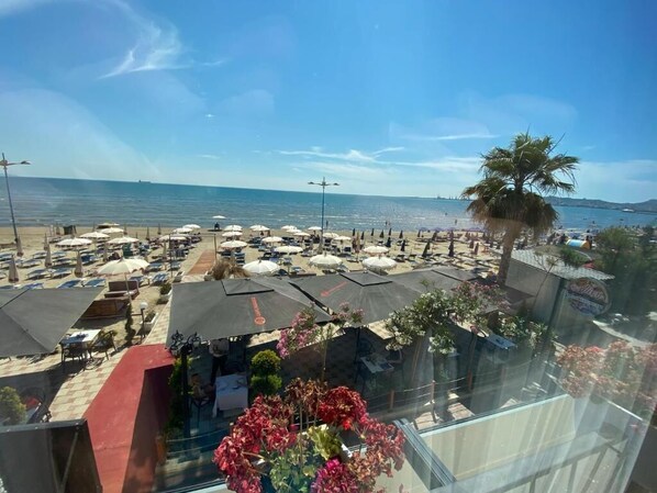 Un hotel frente a la playa con múltiples sombrillas y tumbonas, una palmera y vista al mar.
