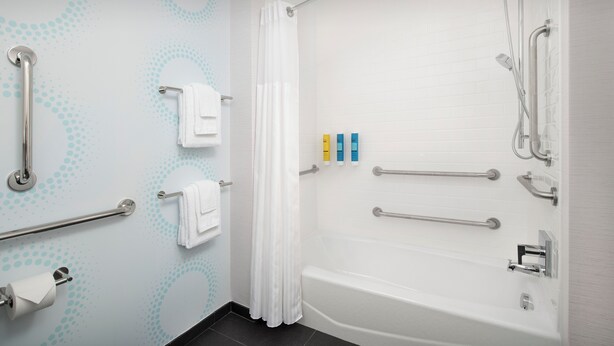 Een moderne badkamer met een badkuip, grepen, een douche en een toiletrolhouder.