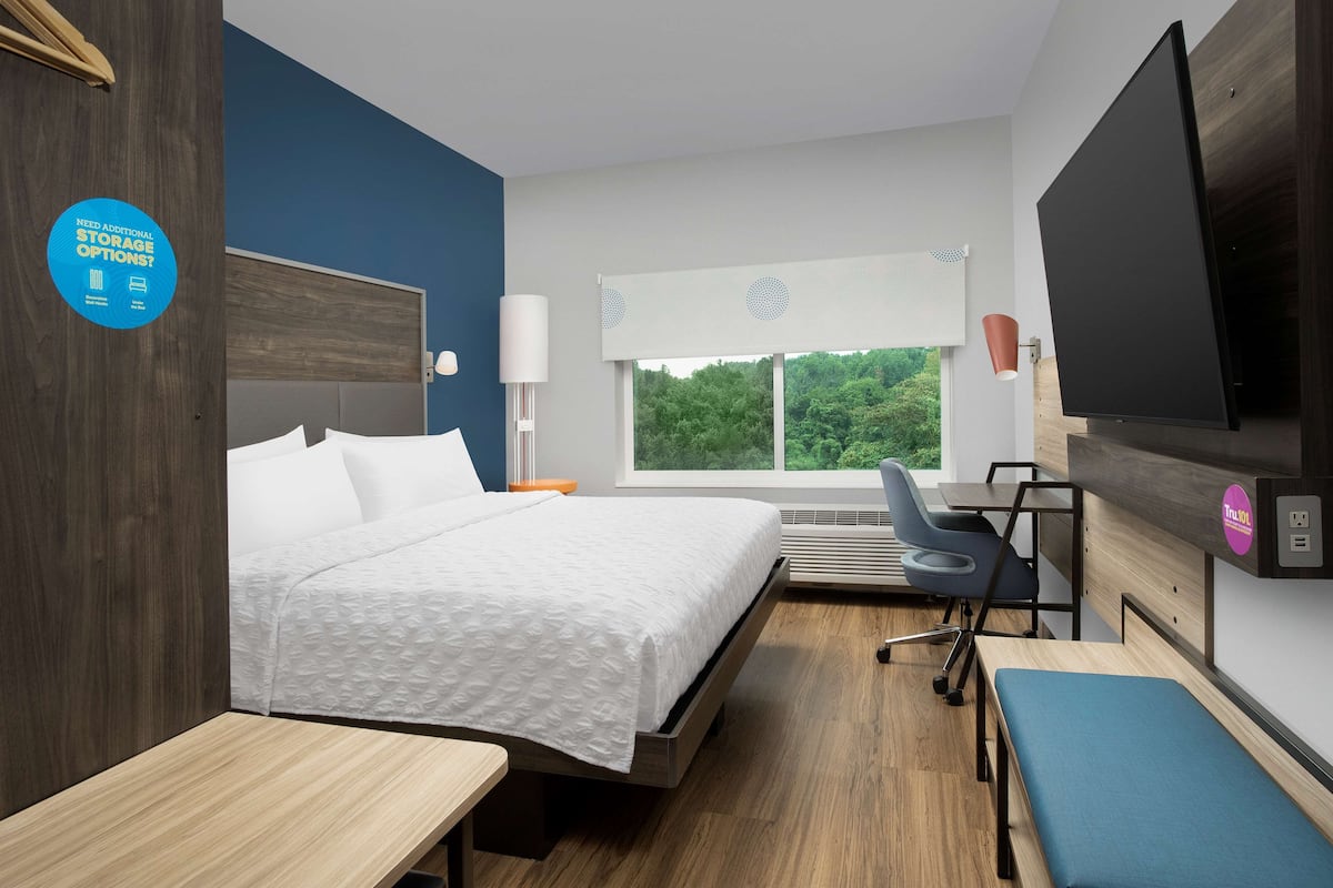 Une chambre d’hôtel équipée d’un lit, d’un bureau, d’une chaise, d’une télévision et d’une fenêtre donnant sur un paysage verdoyant.