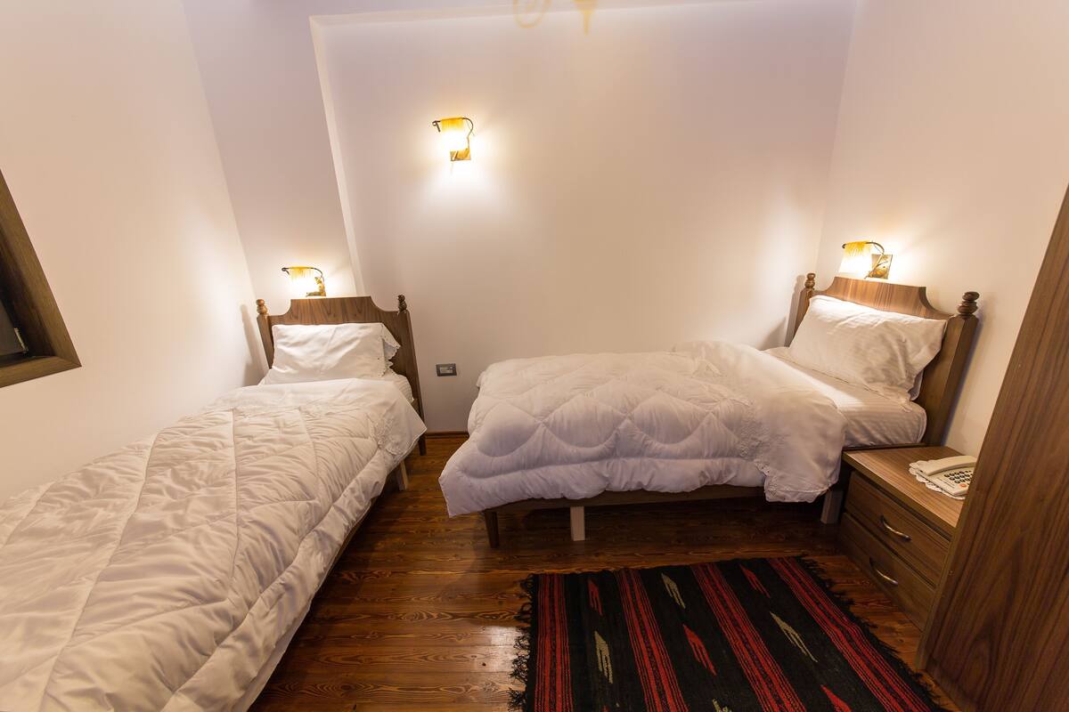 A bedroom with two single beds, wooden headboards, bedside tables, a telephone, and a patterned rug.
