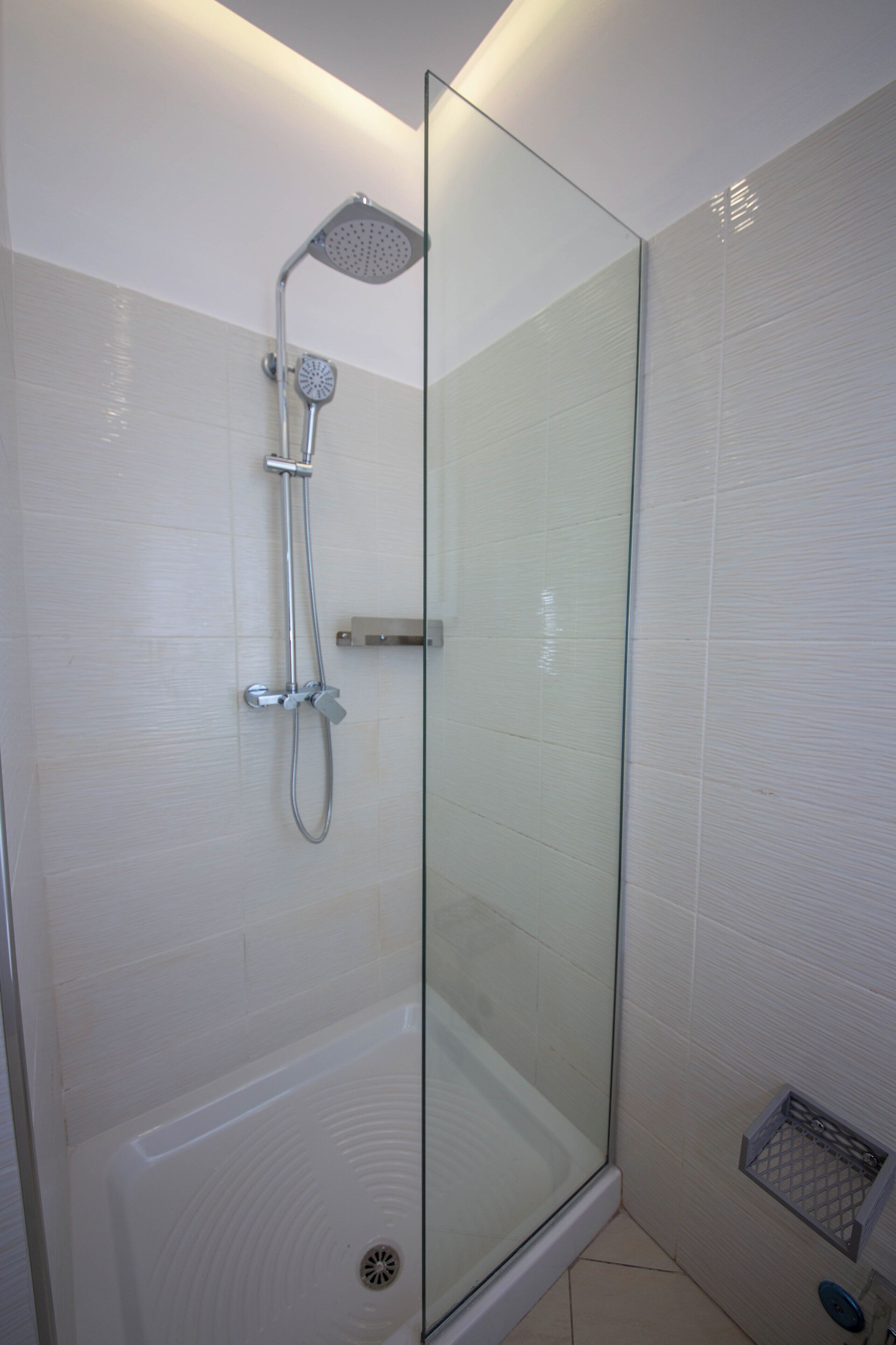 A glass-enclosed shower area with a handheld showerhead and a wall-mounted faucet.