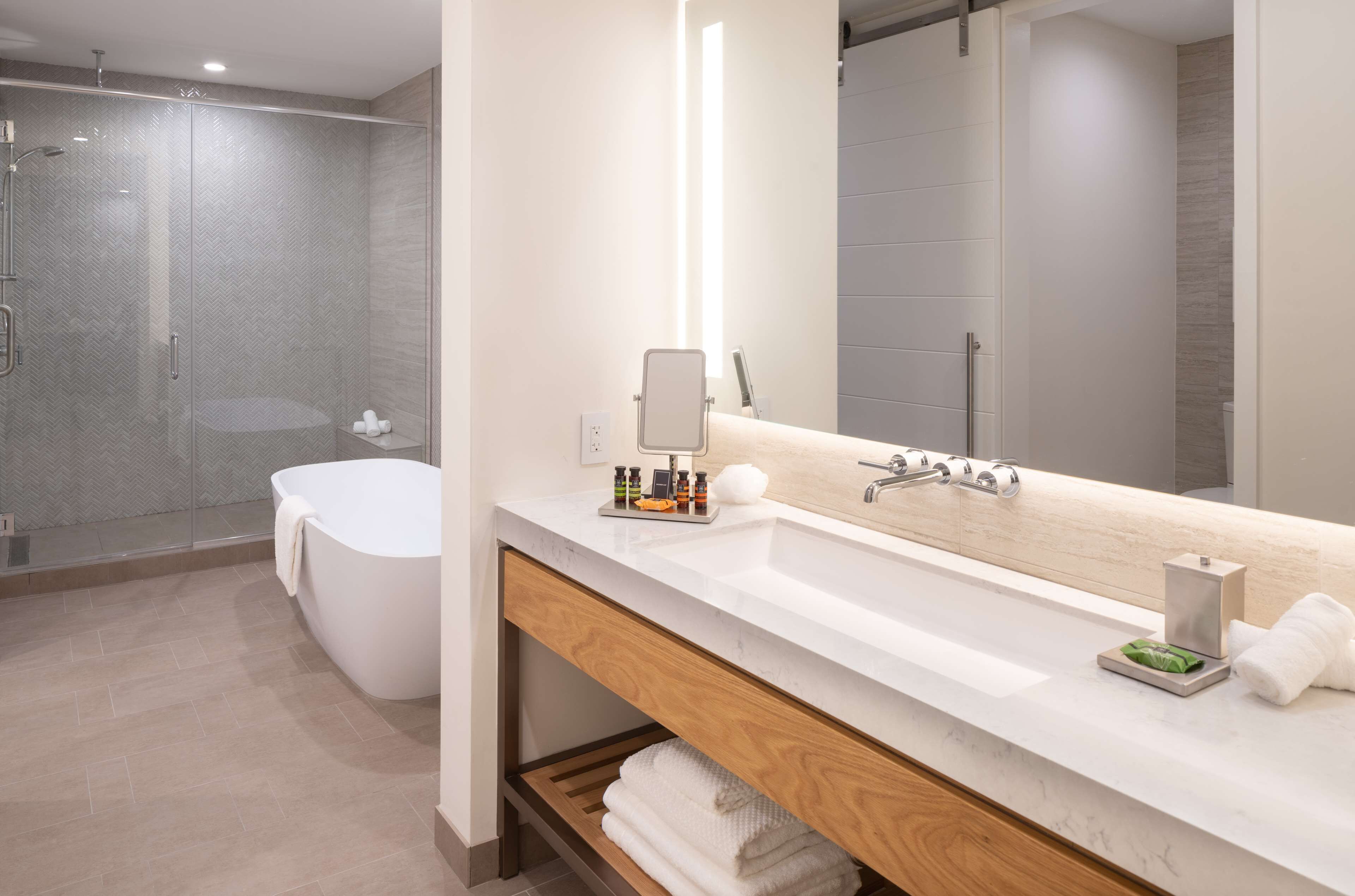 combined shower/bathtub, eco-friendly toiletries, hair dryer, towels