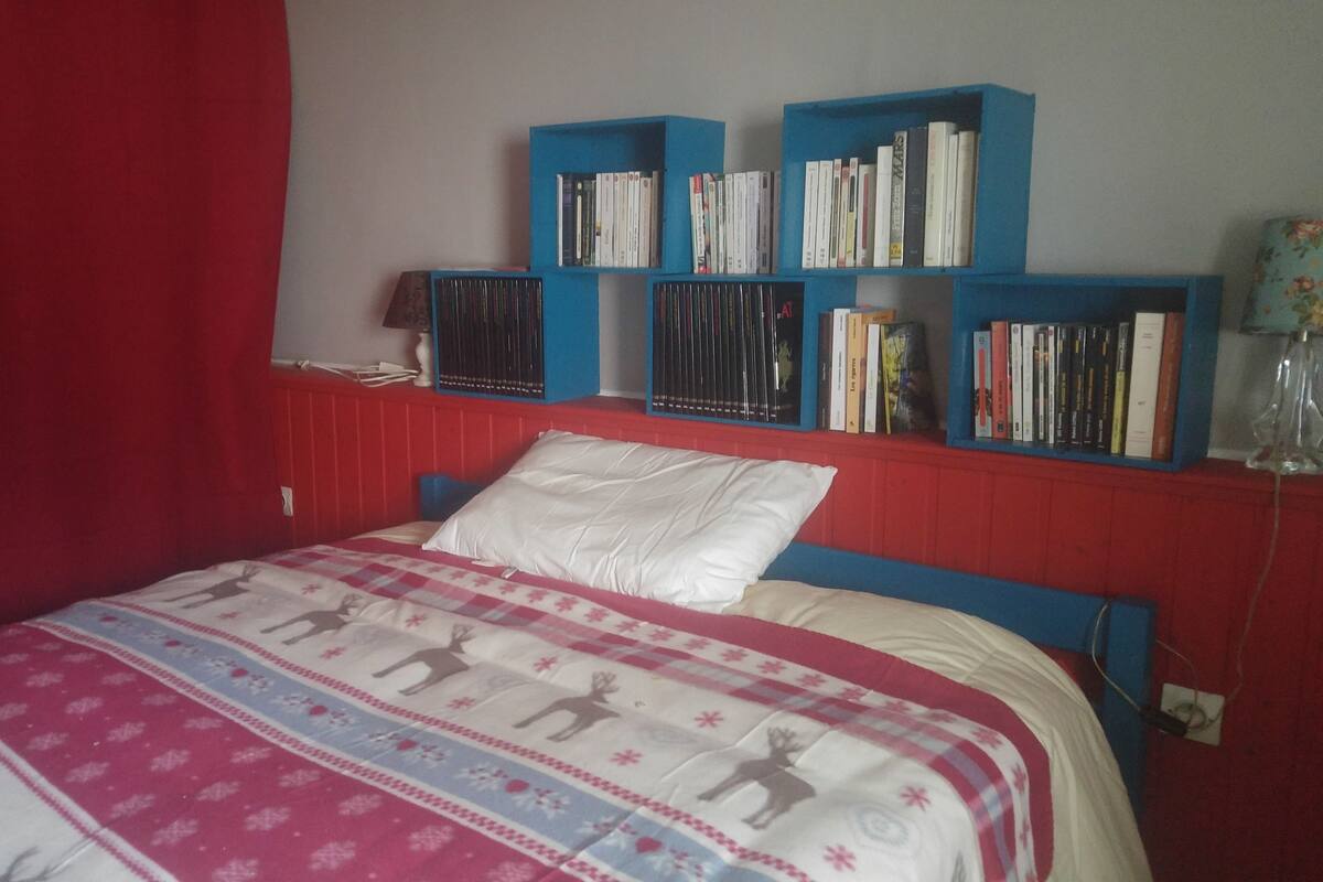 A bedroom with a bed, a bookshelf, and a red wall.