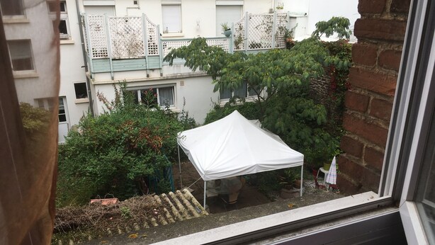 Une vue depuis une fenêtre donnant sur une cour intérieure où l’on aperçoit une tente blanche, des plantes en pot et un mur de briques.
