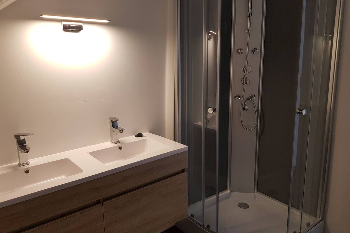 Shower, hydromassage showerhead, hair dryer, towels