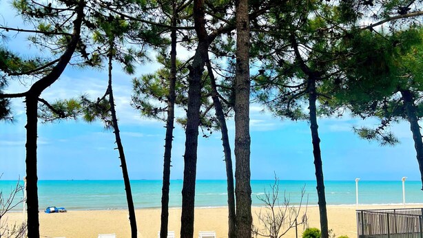 A beachside patio with outdoor seating, overlooking a sandy beach and the ocean. - Hotel Andi (Rrashbull)