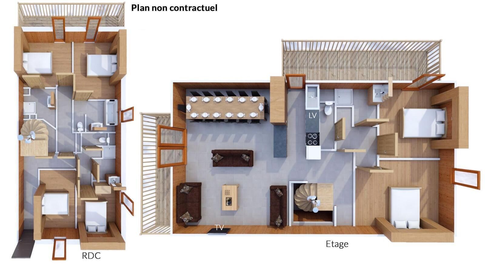 A hotel layout with separate RDC and Etage sections, including bedrooms, a TV, and a kitchenette.