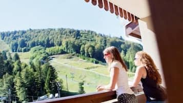 Two people standing by a balcony railing overlooking a forested valley.