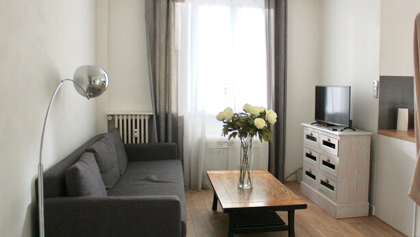 A living room with a grey sofa, a wooden coffee table, a TV on a cabinet, and a radiator. - T2 fully equipped near all amenities bus, tram, train station, city center (Nice)