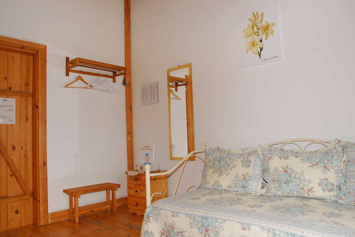 A bedroom with a wooden bed frame, a bedside table, a hanging clothes rack, and a mirror.
