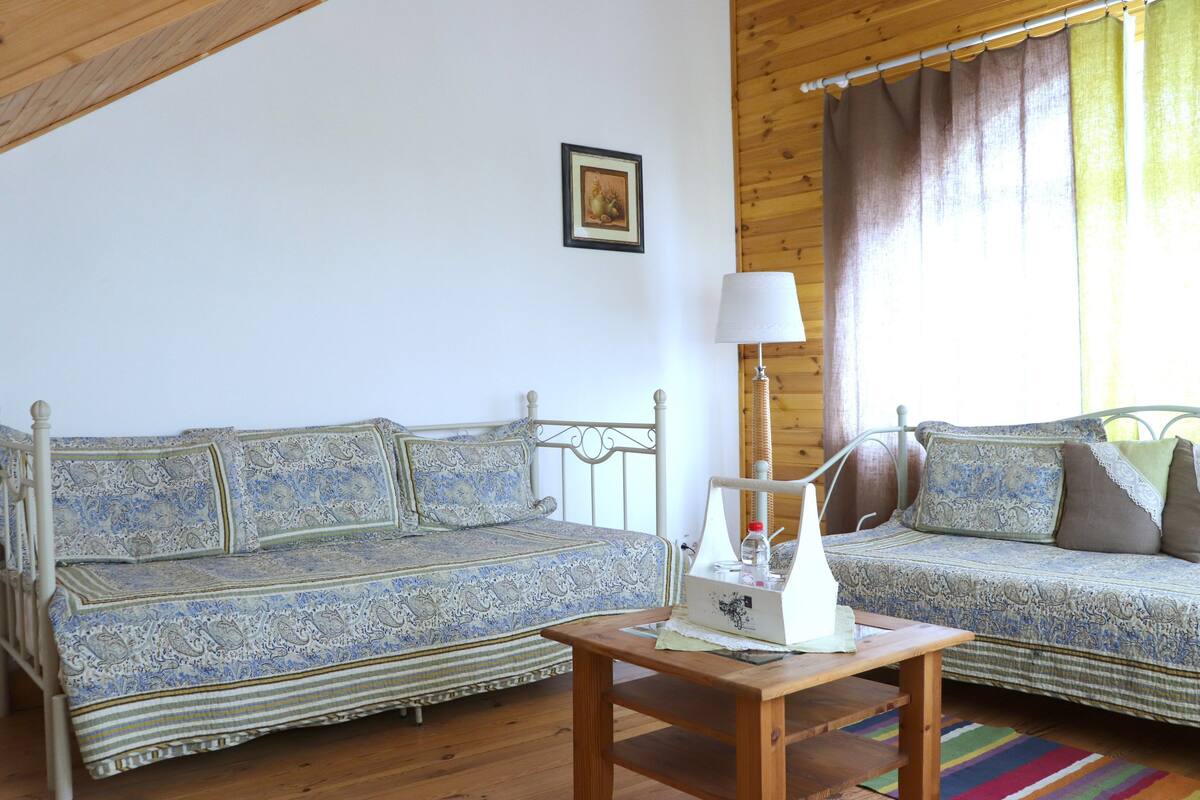 A room with two patterned sofas, a wooden table, a lamp, and a framed picture on the wall.