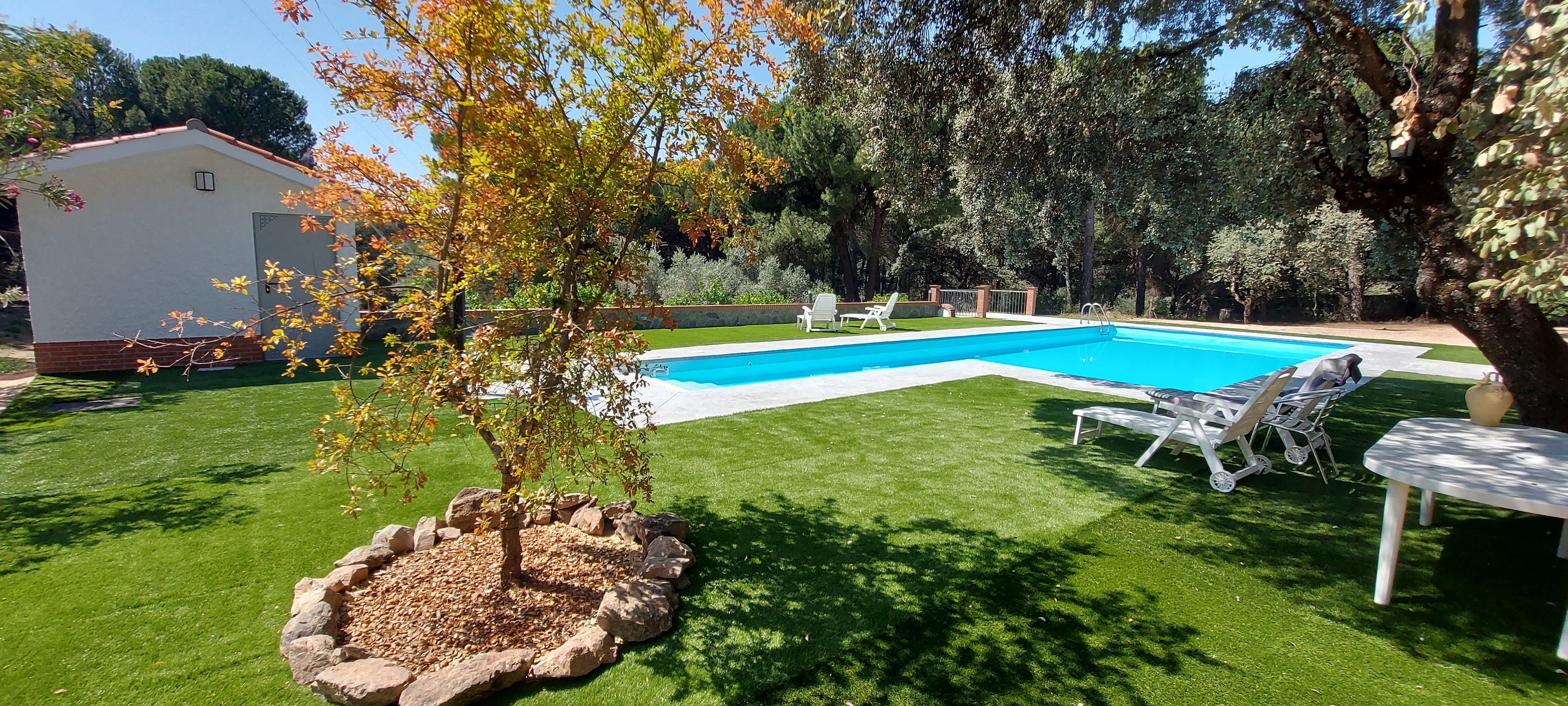 Una piscina amb gandules, un edifici petit i un jardí ben cuidat.