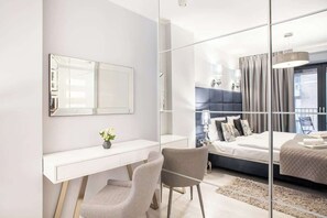 1 bedroom, desk, iron/ironing board, travel cot