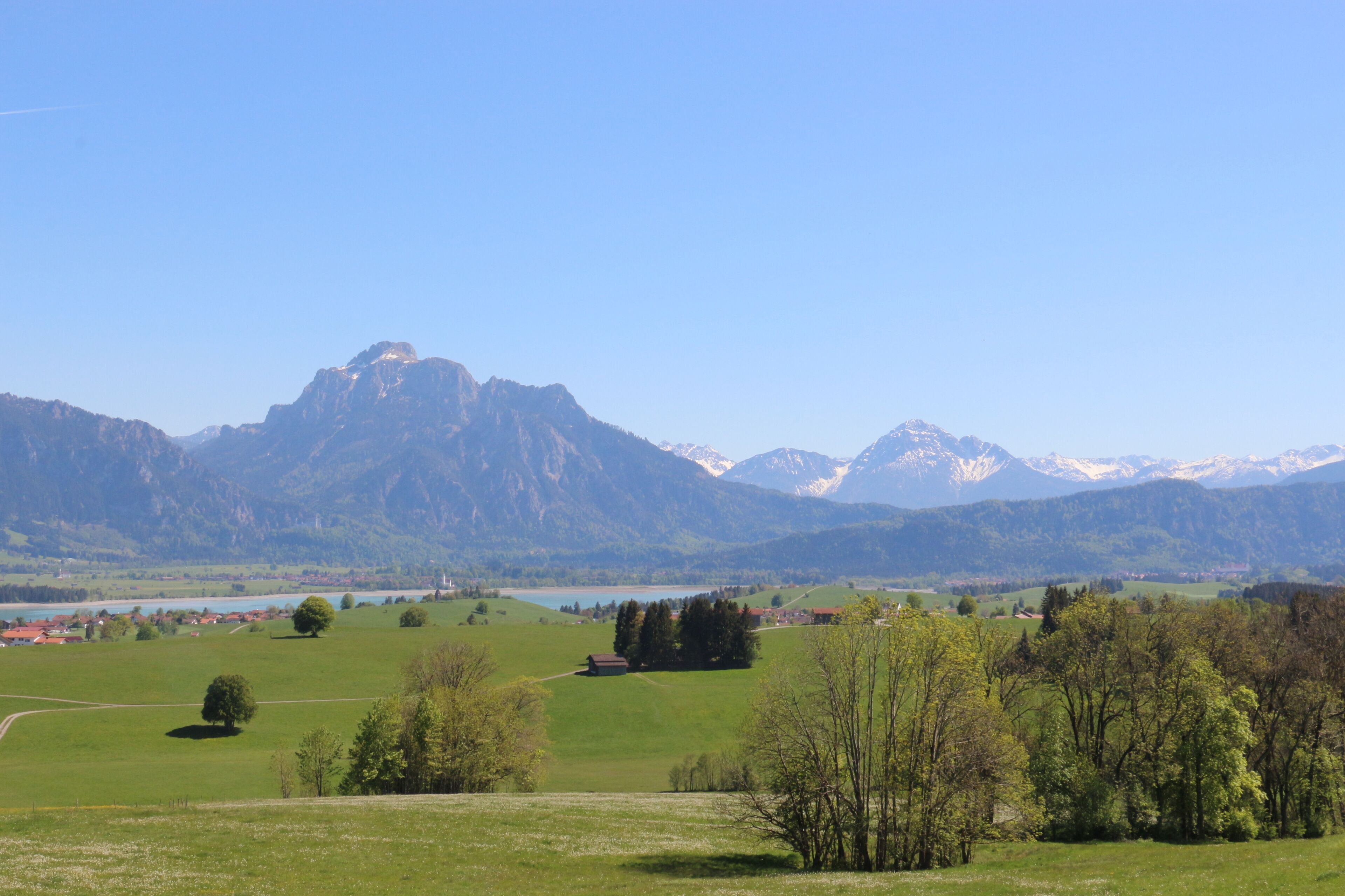 A mountainous landscape with a lake, green fields, and scattered trees.