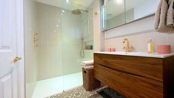 Shower, hair dryer, bidet, towels
