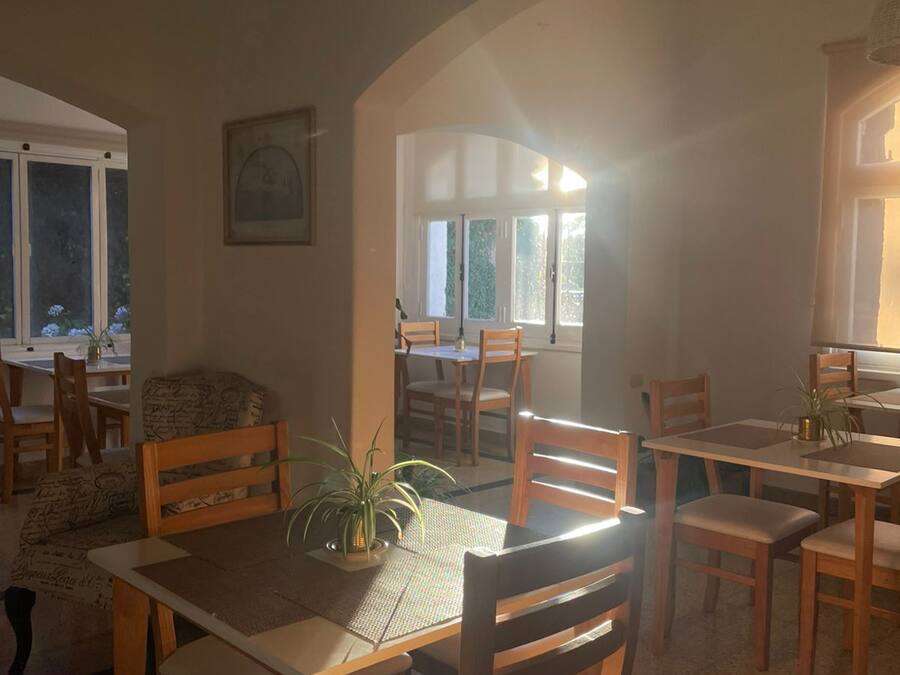 A dining area with wooden tables and chairs, a potted plant, and a framed picture on the wall.