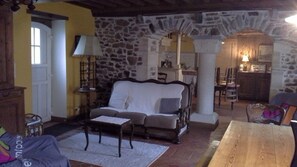 Télévision, cheminée, lecteur de DVD, livres