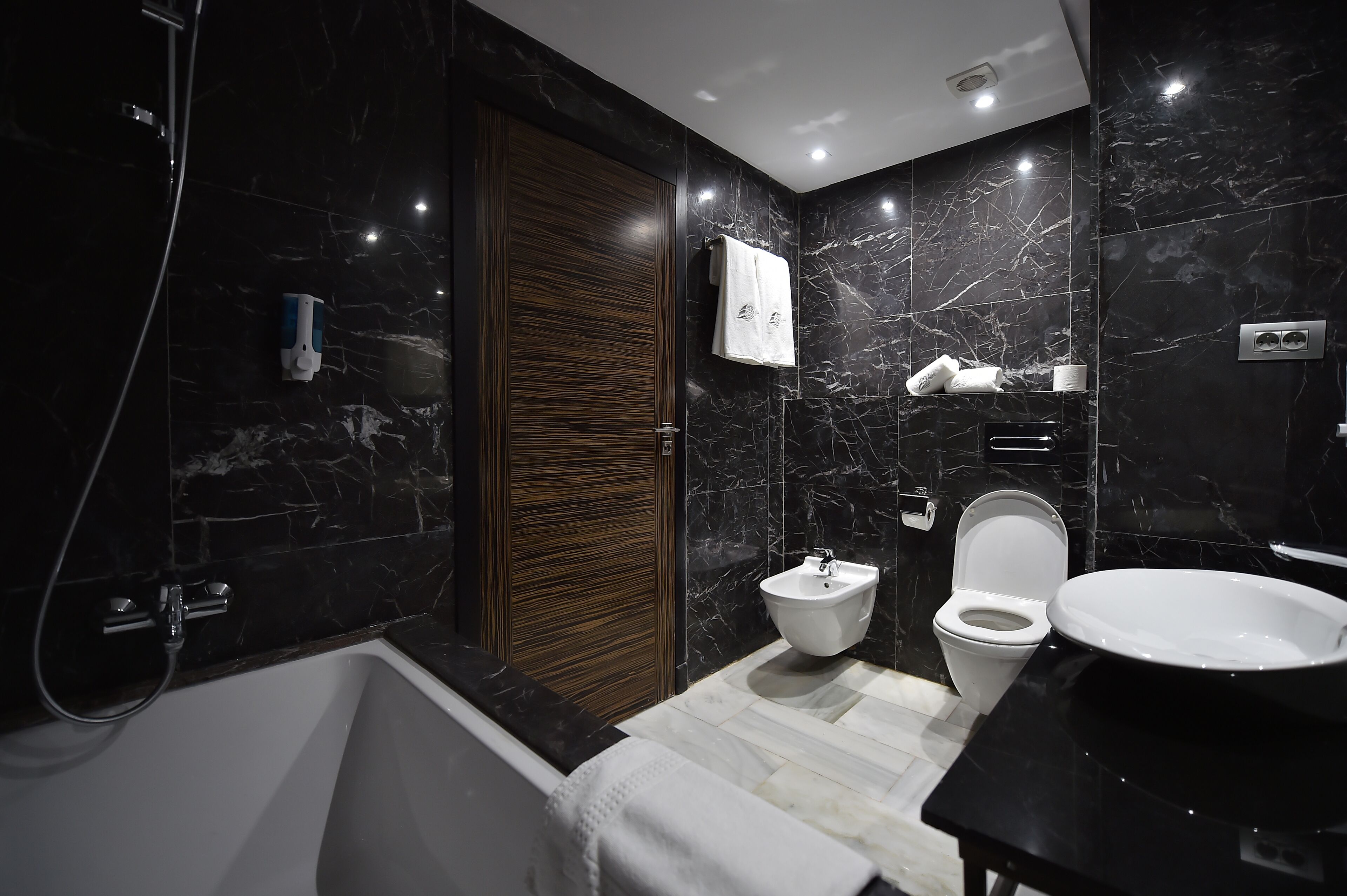 Une salle de bain moderne équipée d’une baignoire, d’un bidet et de toilettes.