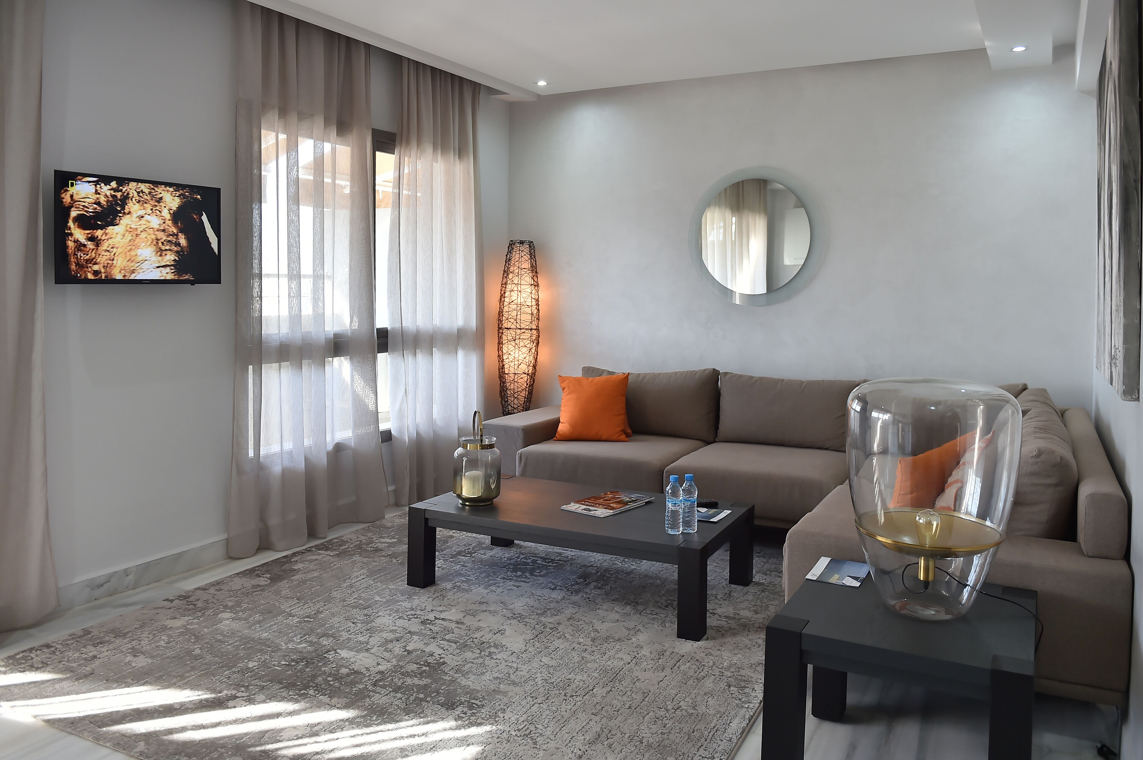 Una sala moderna con un sofá, una mesa de centro y una lámpara decorativa.