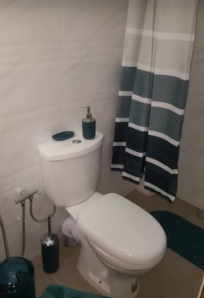 Appartement, 2 chambres | Salle de bain | Douche, serviettes fournies, savon, papier toilette