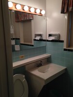 Baño con lavamanos, espejo y retrete. Hay luces sobre el espejo y un dispensador de toallas.