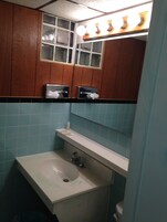 A bathroom with a sink, mirror, and wooden cabinets.