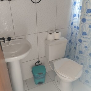 Shower, towels, soap, toilet paper