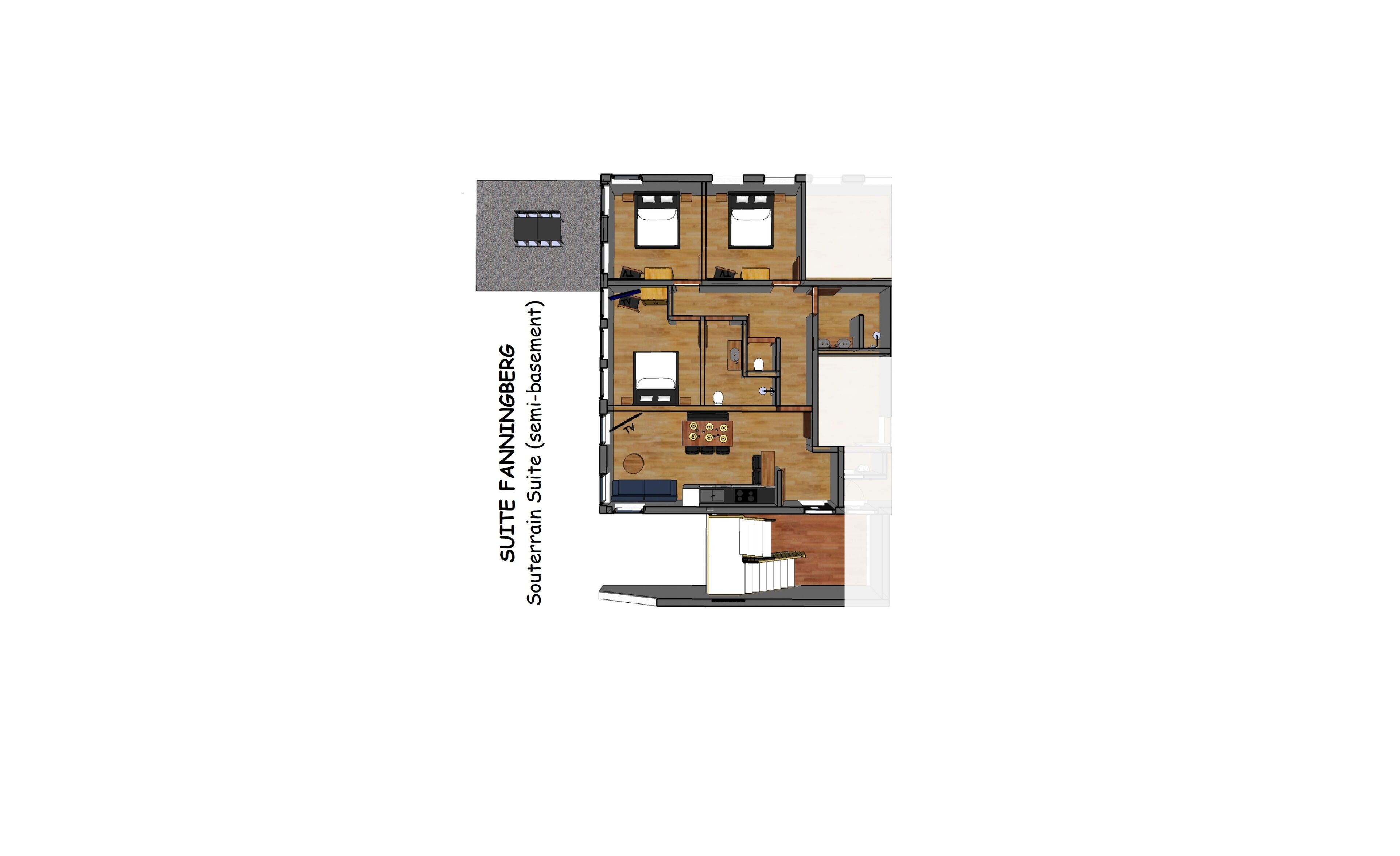 Plano de planta de una suite de hotel con sala de estar, dos dormitorios, un baño y una cocina.