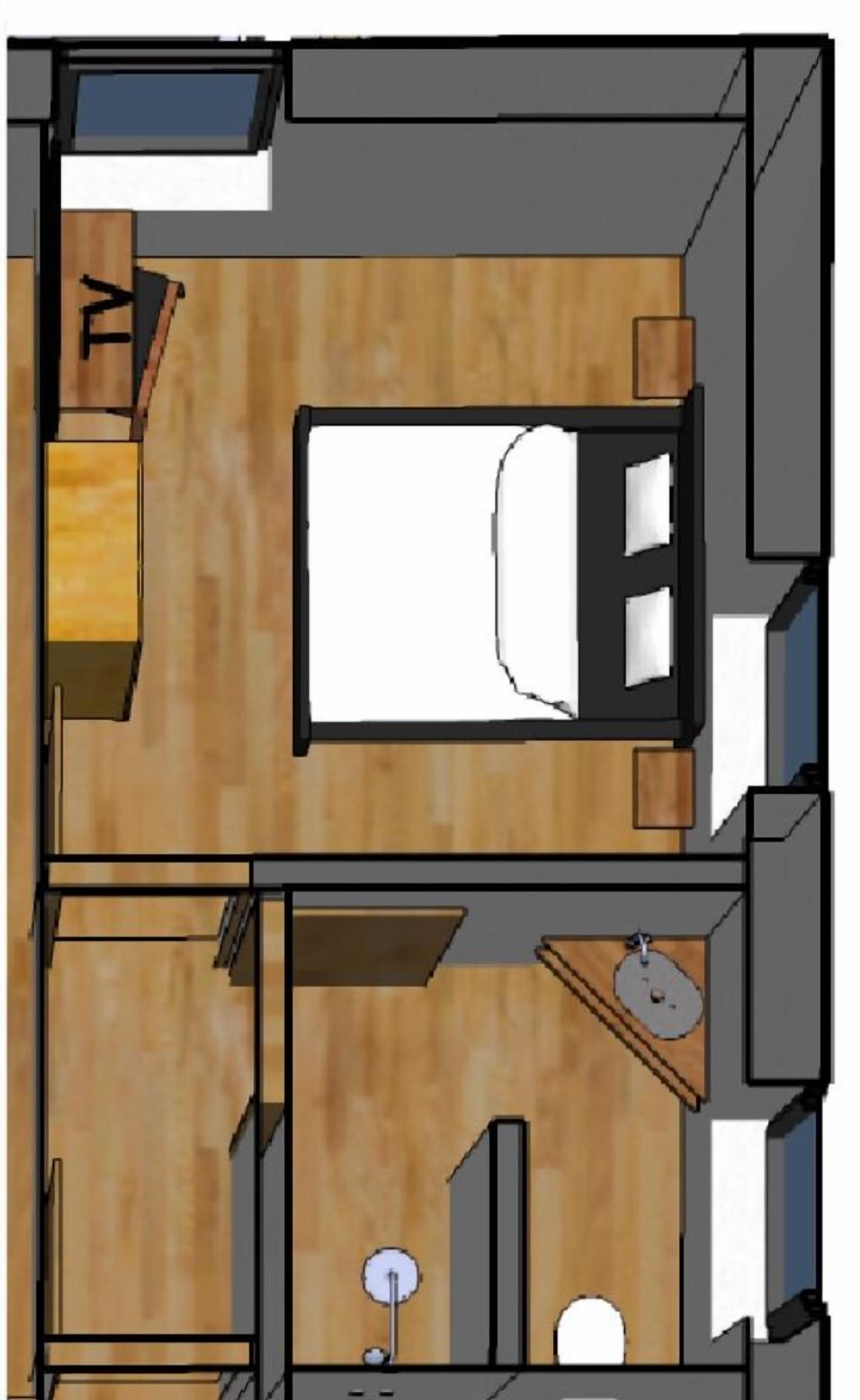 Indeling van een appartement met twee slaapkamers, een aparte badkamer en een kleine keukenhoek.