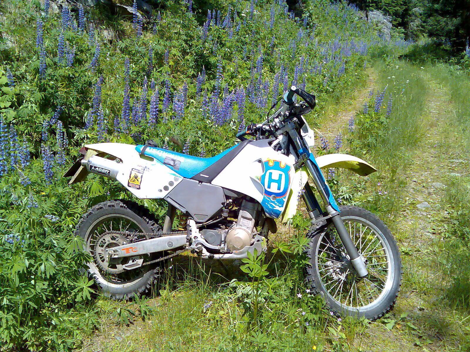 A dirt bike parked on a grassy path surrounded by wildflowers.