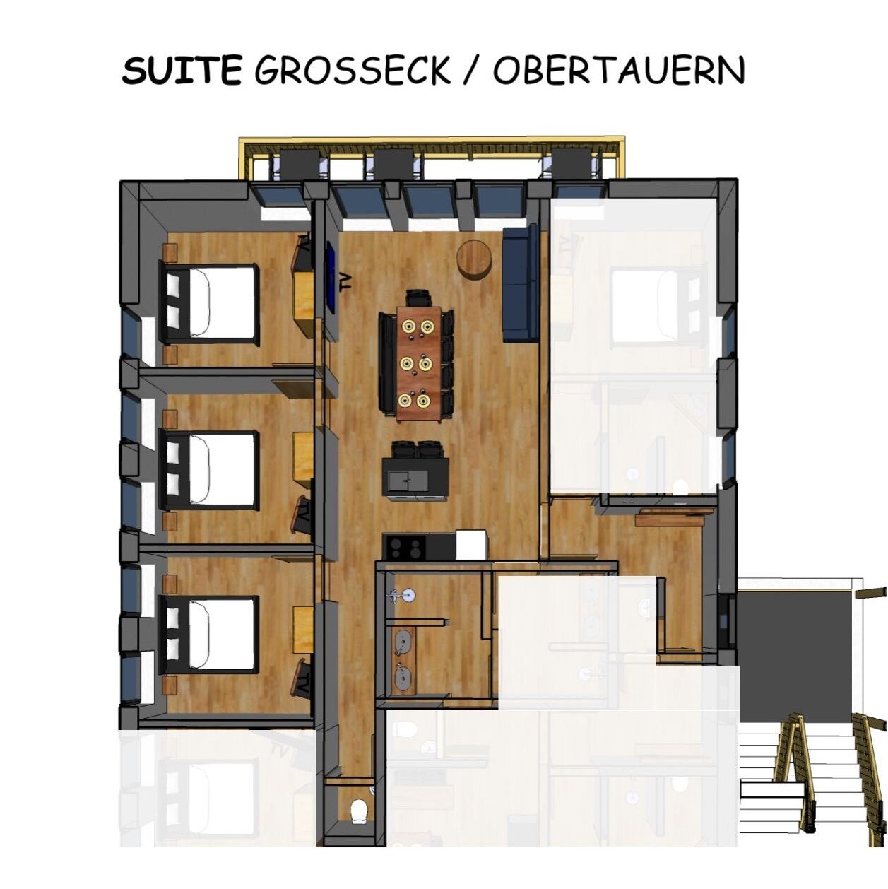 Une suite comprenant deux chambres, un espace de vie, une cuisine et une salle de bain.
