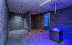 Ein modernes Badezimmer mit dunklen Steinfliesen, einer Duschkabine aus Glas und einem ice cube dispenser mit blauer Beleuchtung.