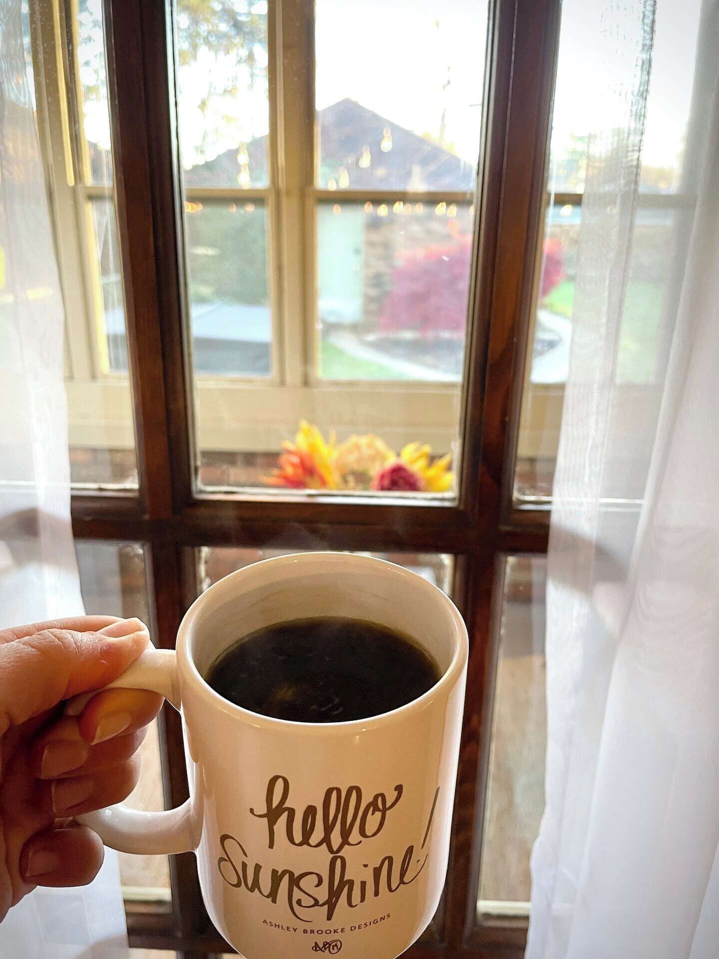 Una mano sosteniendo una taza blanca con la leyenda 'hello Sunshine', colocada frente a una ventana que ofrece vistas a una casa y árboles.