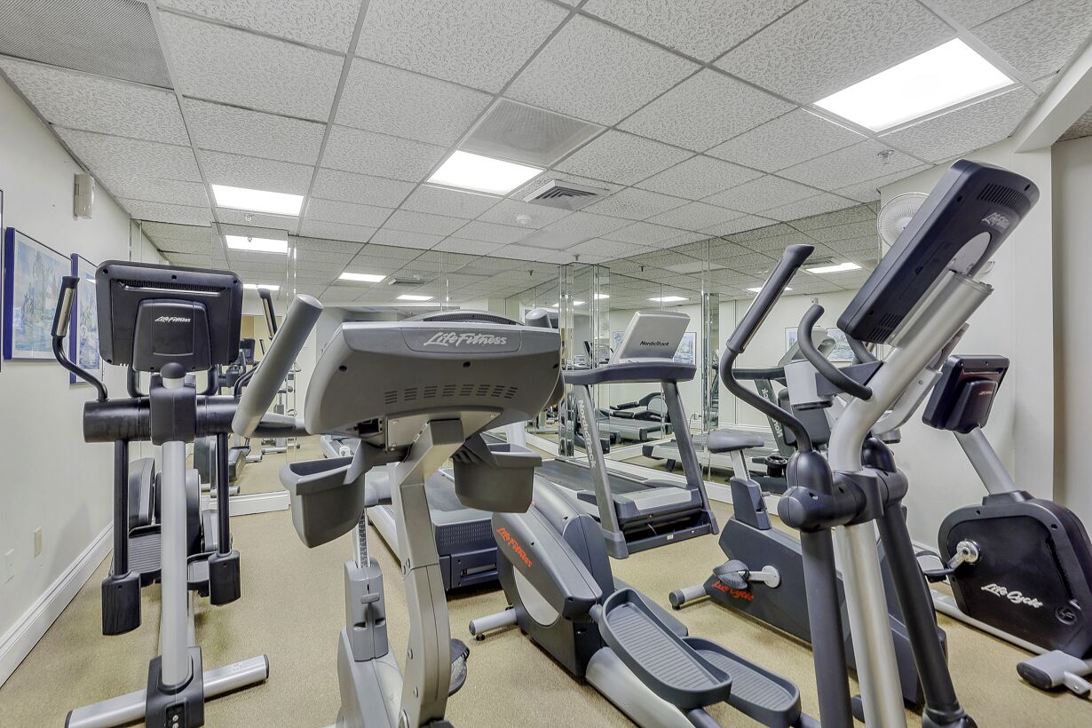 Un gimnasio con diversas máquinas de cardio, incluyendo cintas de correr y elípticas, dispuestas en filas.