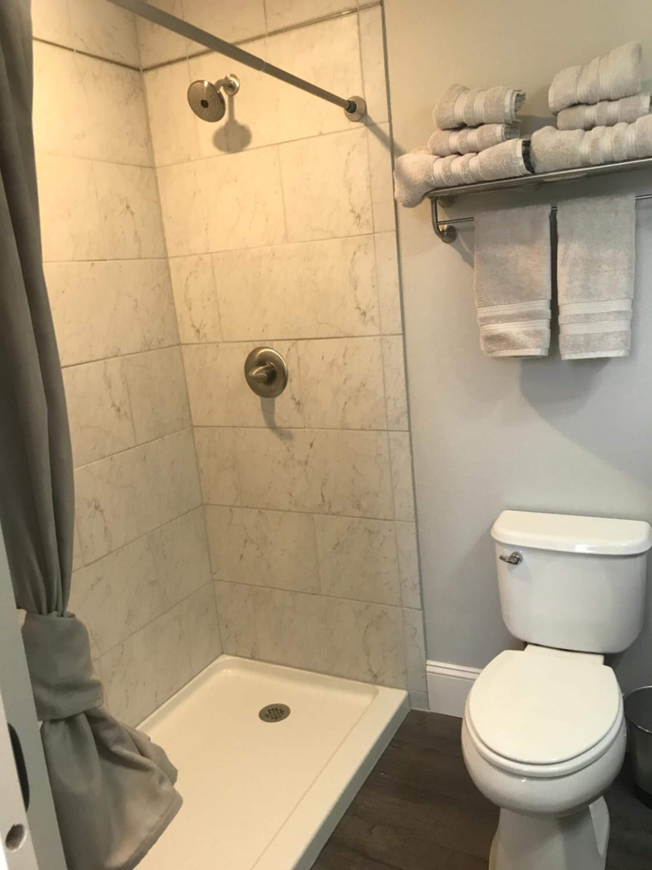 A bathroom with a shower, toilet, and towel rack.