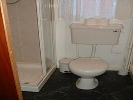 Een badkamer met toilet, douchecabine en raam voorzien van gordijnen.