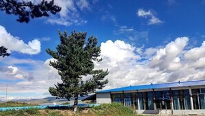 A building with a blue roof and large windows, surrounded by greenery and a clear sky. - Hotel Tsalka (Tsalka)
