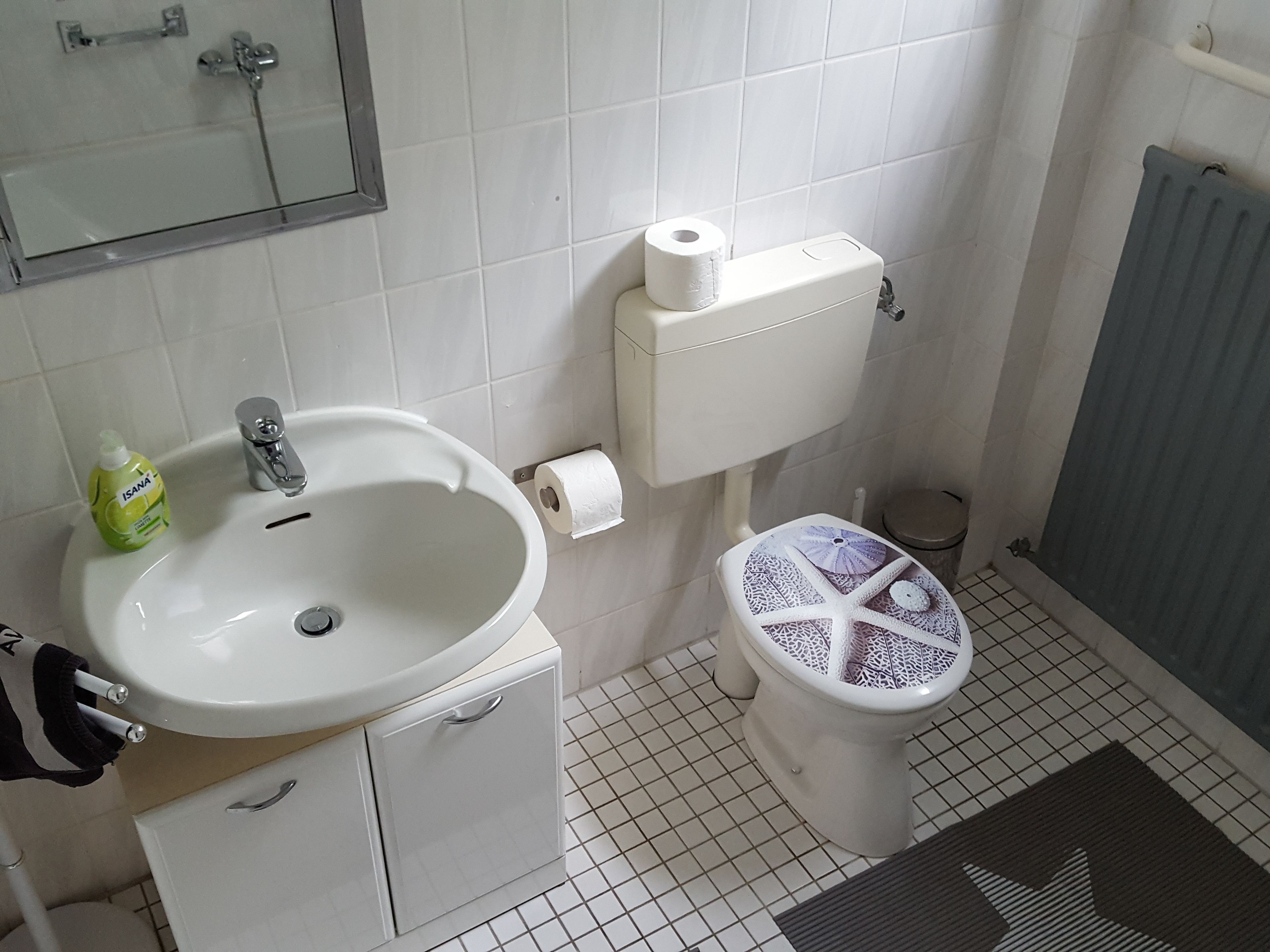 A bathroom with a white sink, toilet, and mirror. There is a roll of toilet paper on the wall and a bottle of hand soap on the sink.