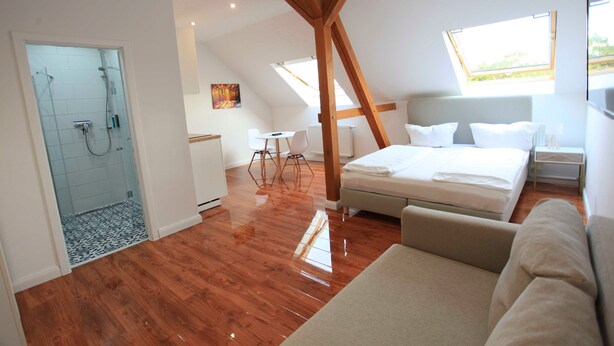 Ein modernes Schlafzimmer mit schrägem Dach, einem Oberlicht, einem großen Bett, einer Couch und einem kleinen Tisch.