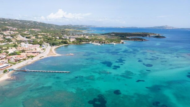 An aerial view of a coastal area with clear turquoise waters, a sandy beach, and a pier extending into the sea. - Apartment  Trudi by Interhome (Cannigione)