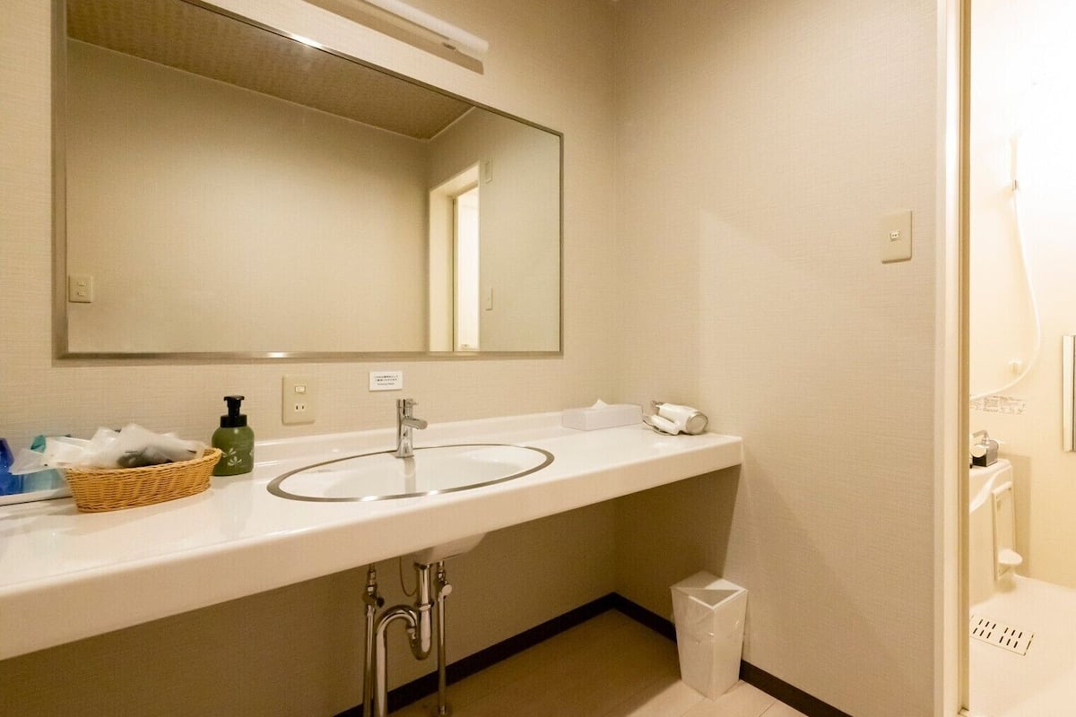 A bathroom with a sink, mirror, and a trash bin.