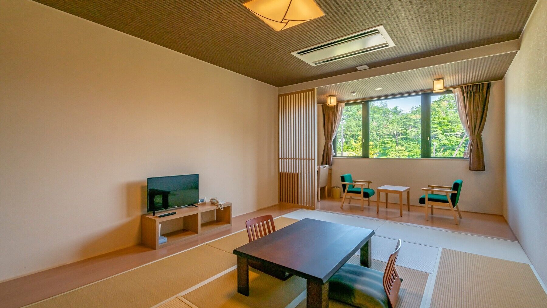 A room with a TV, a table, chairs, a window with a view of greenery, and a ceiling with recessed lighting.