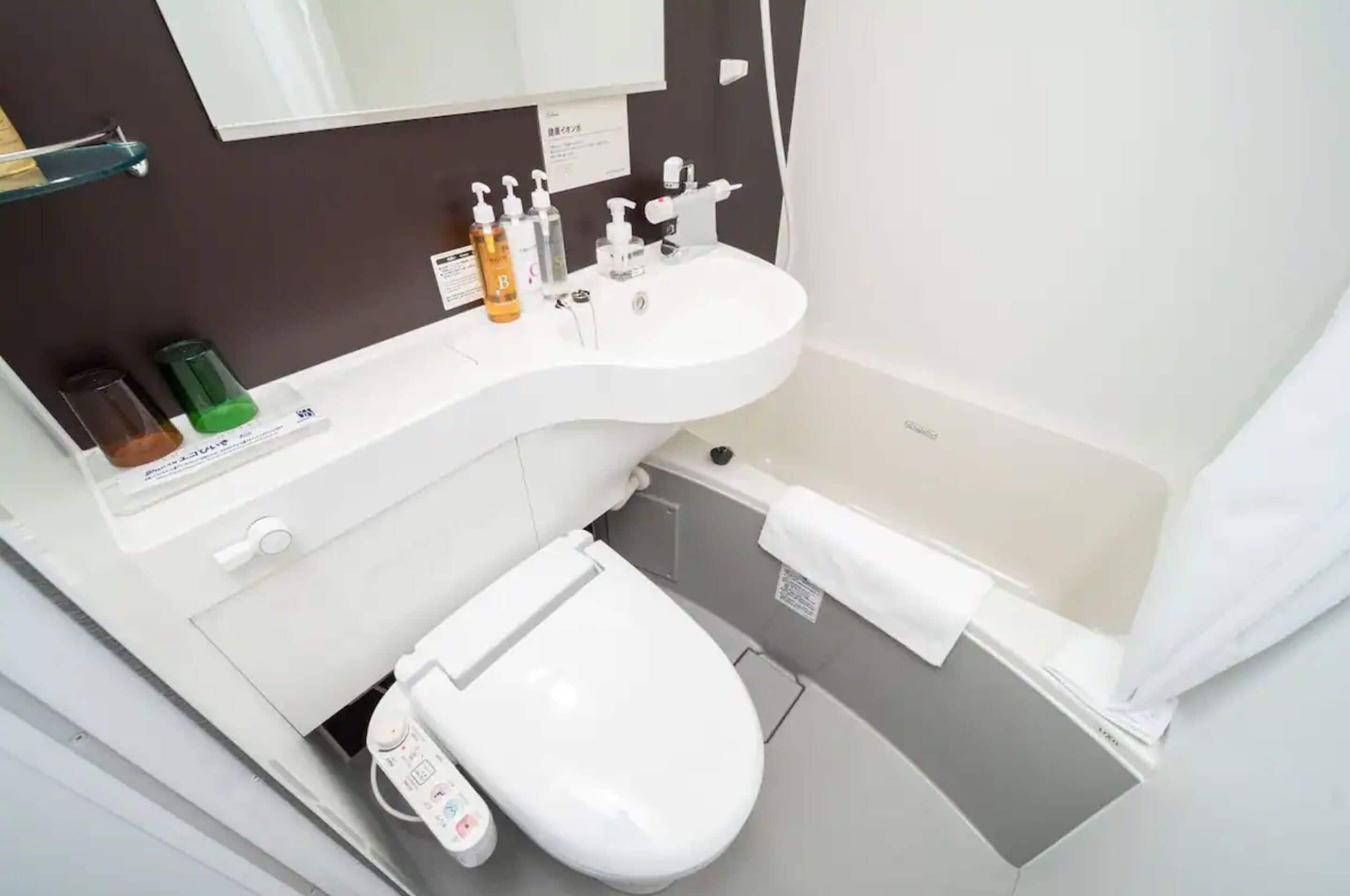 combined shower/bathtub, free toiletries, hair dryer, slippers